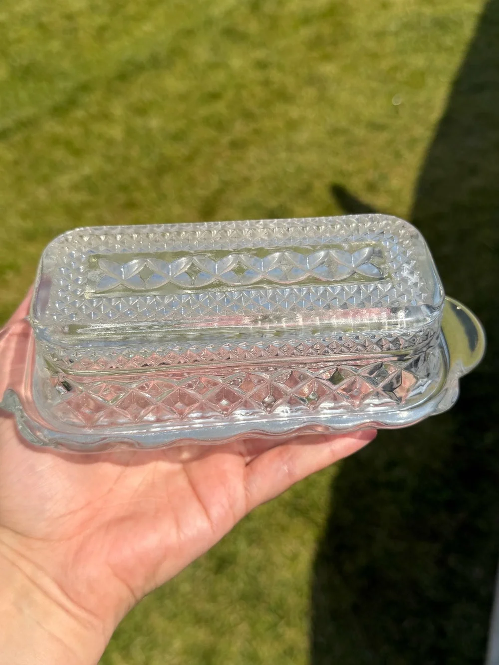 Anchor Hocking Wexford covered butter dish with small chip